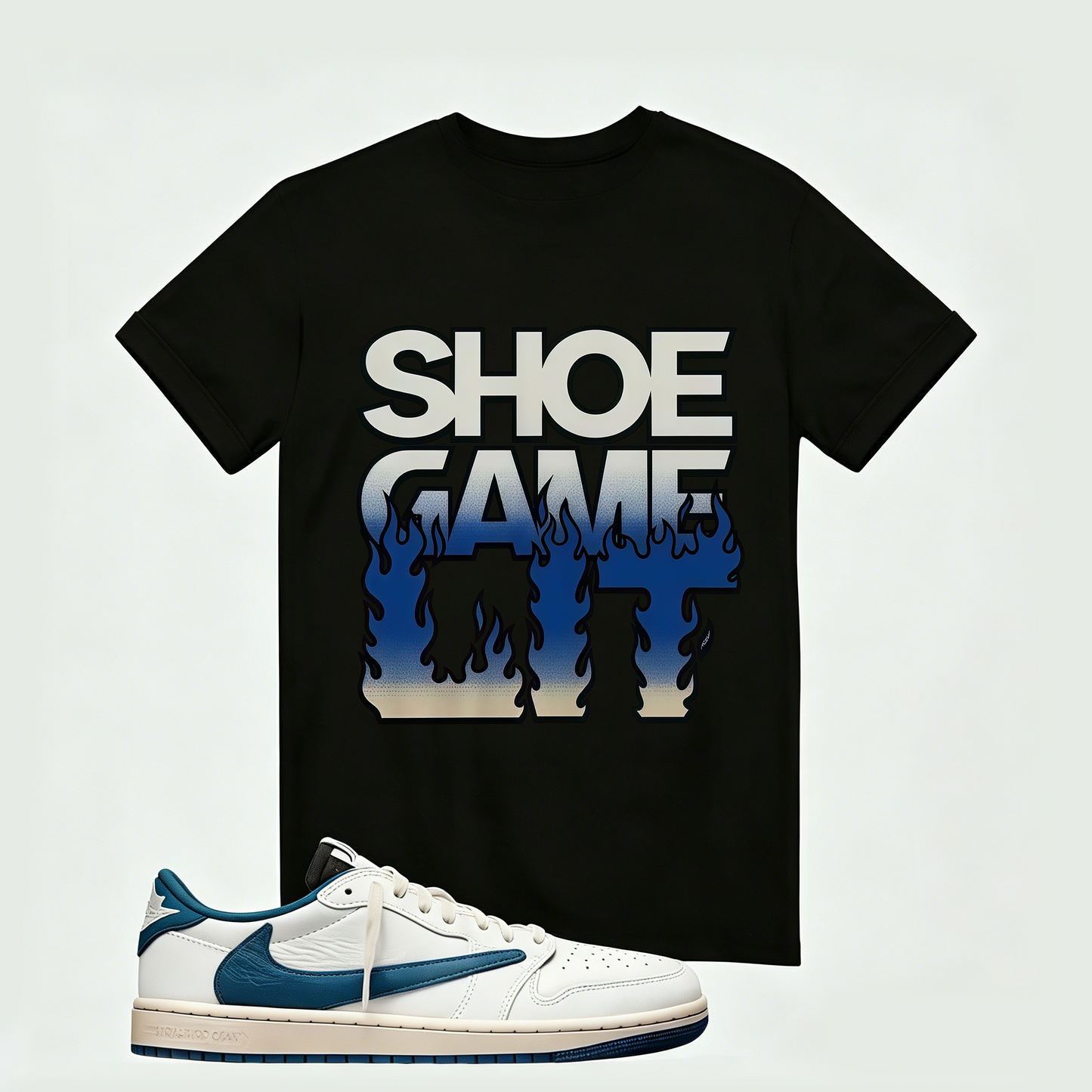 Air Jordan 1 Low OG SP x Fragment Design x Travis Scott Sail Military Blue , T-Shirt (Shoe Game Lit Refreshed)