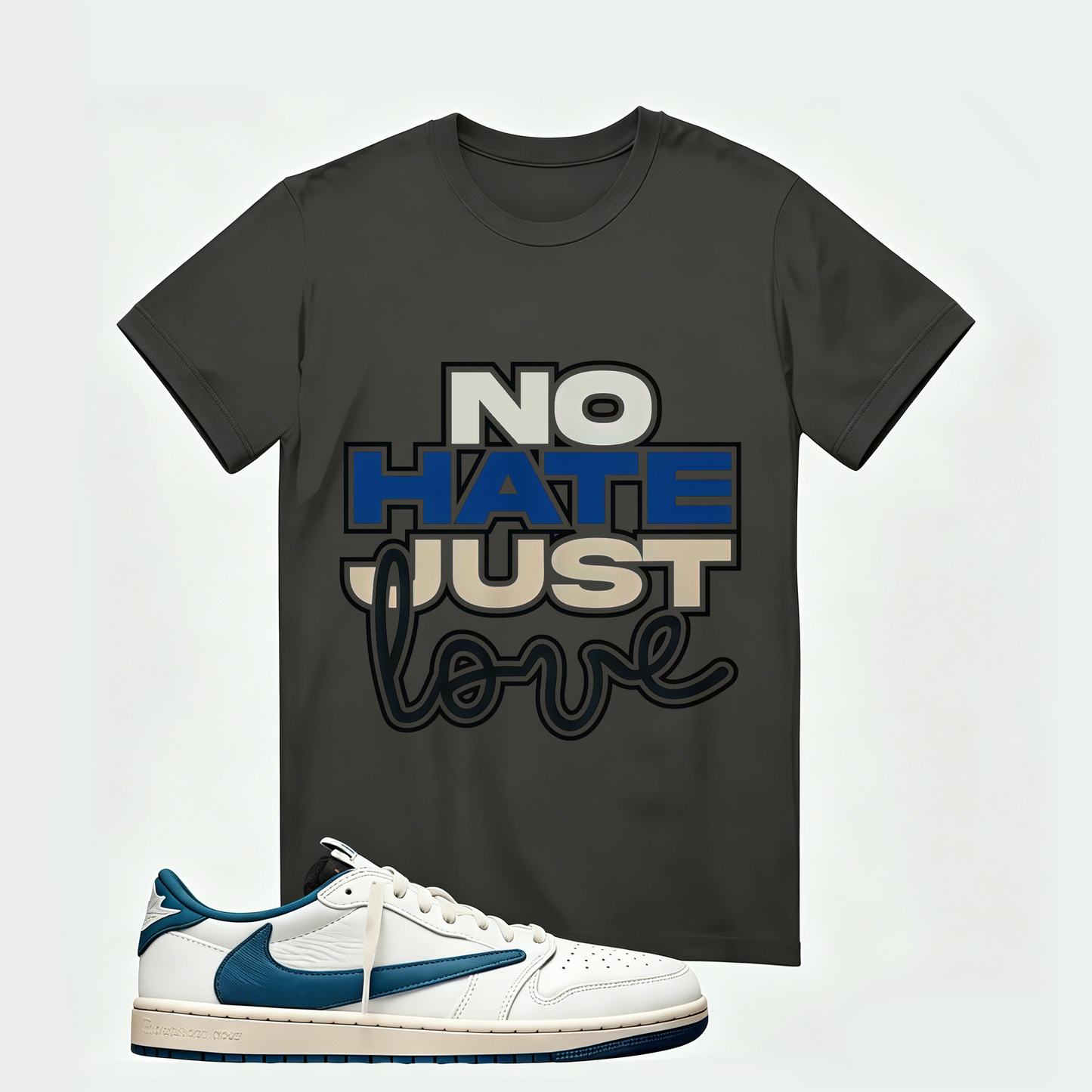 Air Jordan 1 Low OG SP x Fragment Design x Travis Scott Sail Military Blue , T-Shirt (No Hate Just Love)