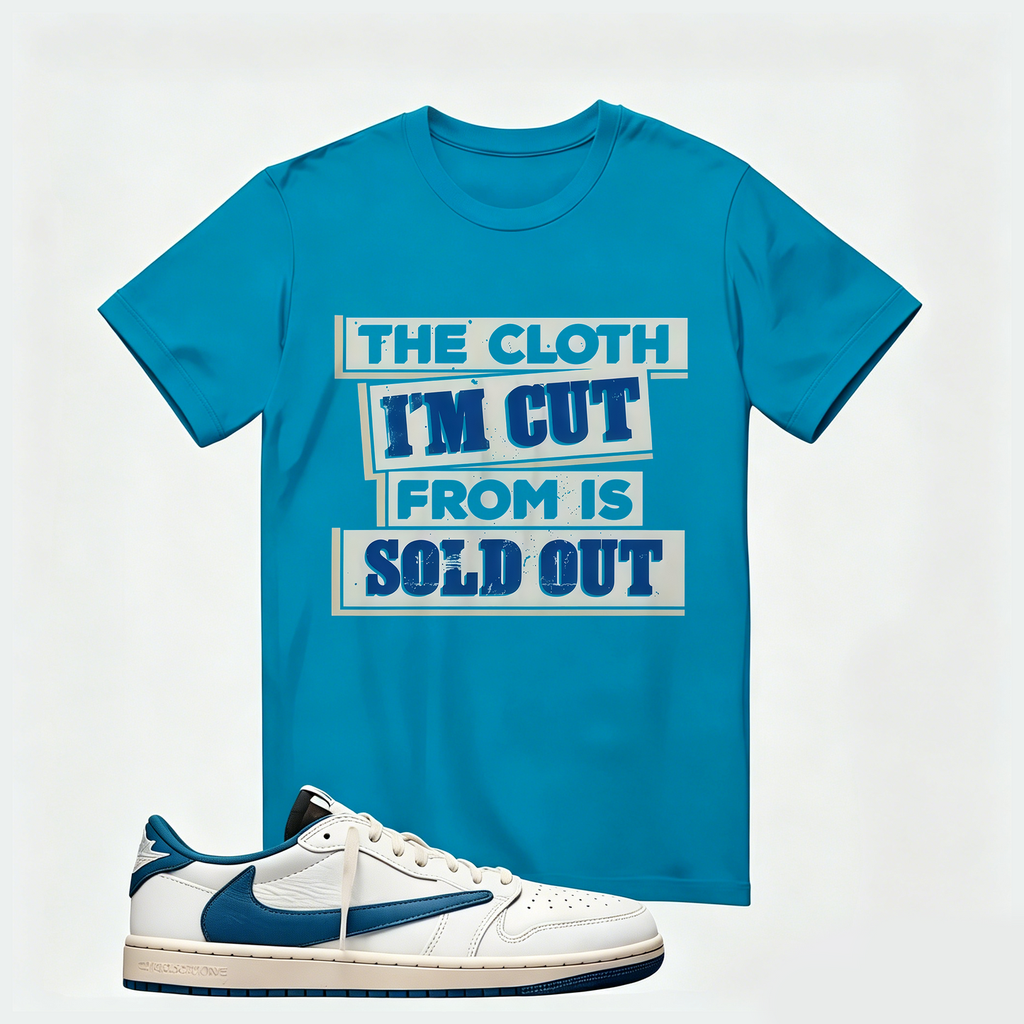 Air Jordan 1 Low OG SP x Fragment Design x Travis Scott Sail Military Blue , T-Shirt (The Cloth I'm Cut From Refreshed)