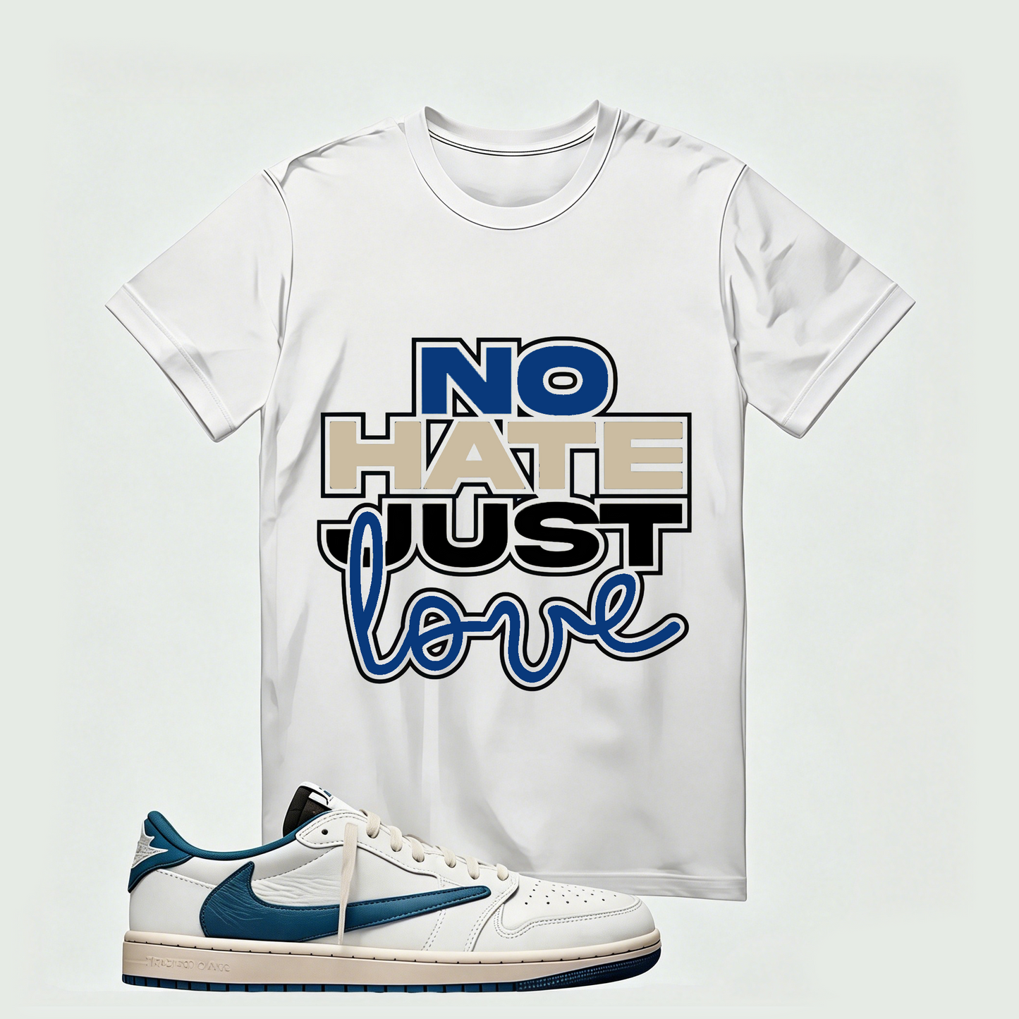 Air Jordan 1 Low OG SP x Fragment Design x Travis Scott Sail Military Blue , T-Shirt (No Hate Just Love)